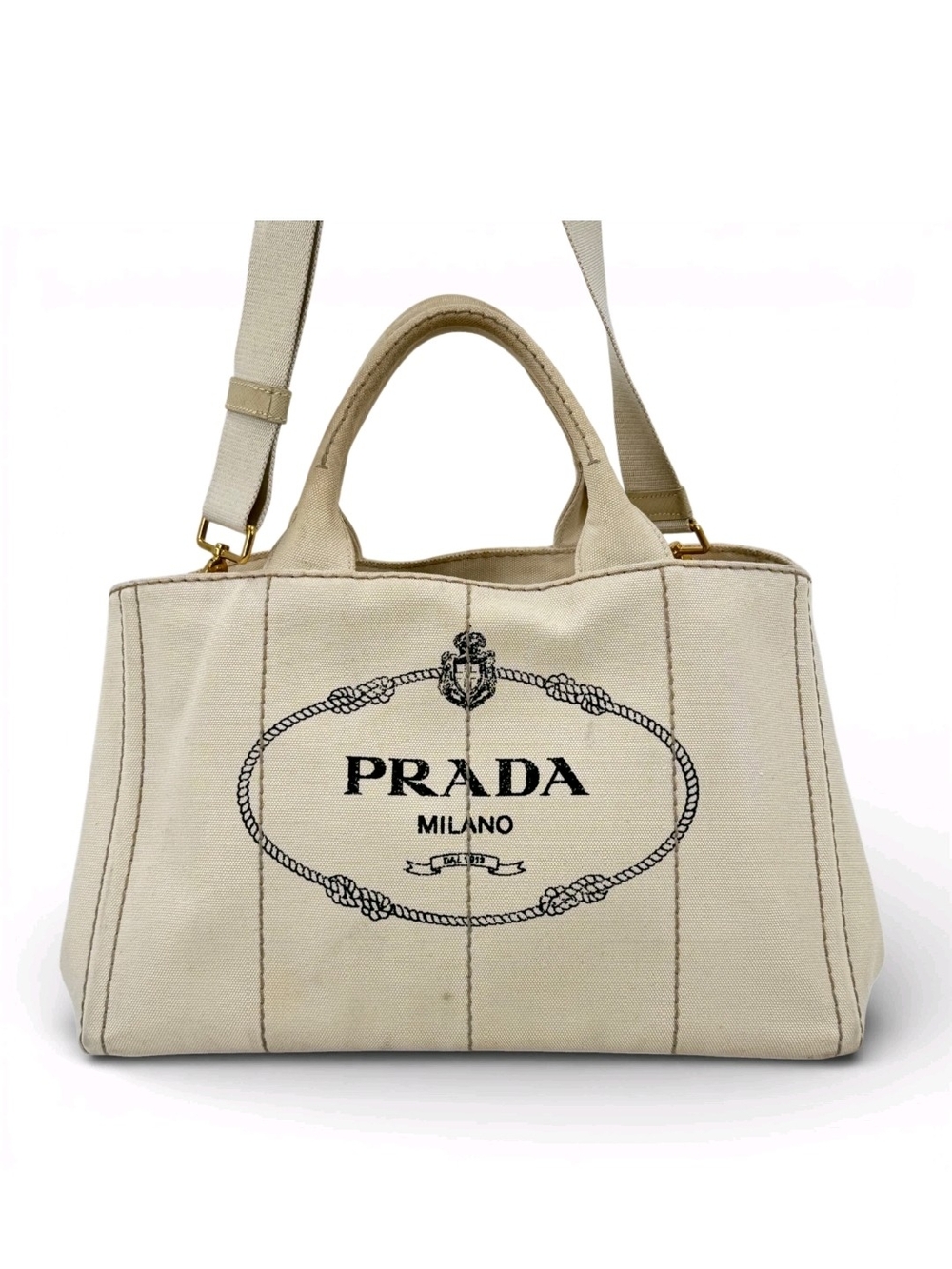 Prada Beige Canvas Tote with Logo/ Very Nice